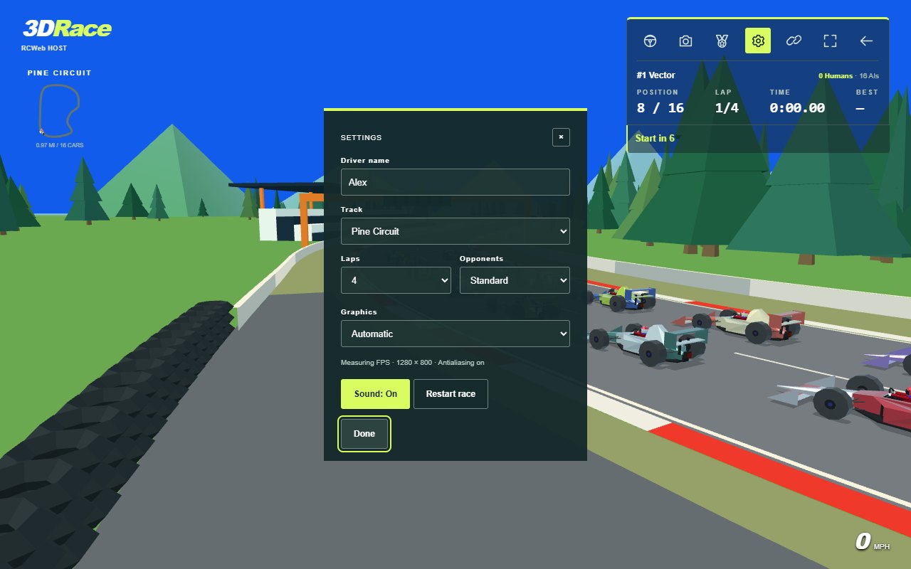 Settings with driver name, track, laps, opponents, graphics and sound controls
