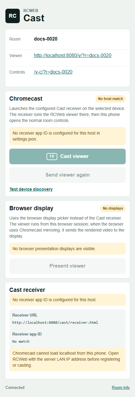 Cast page showing room links and display connection options