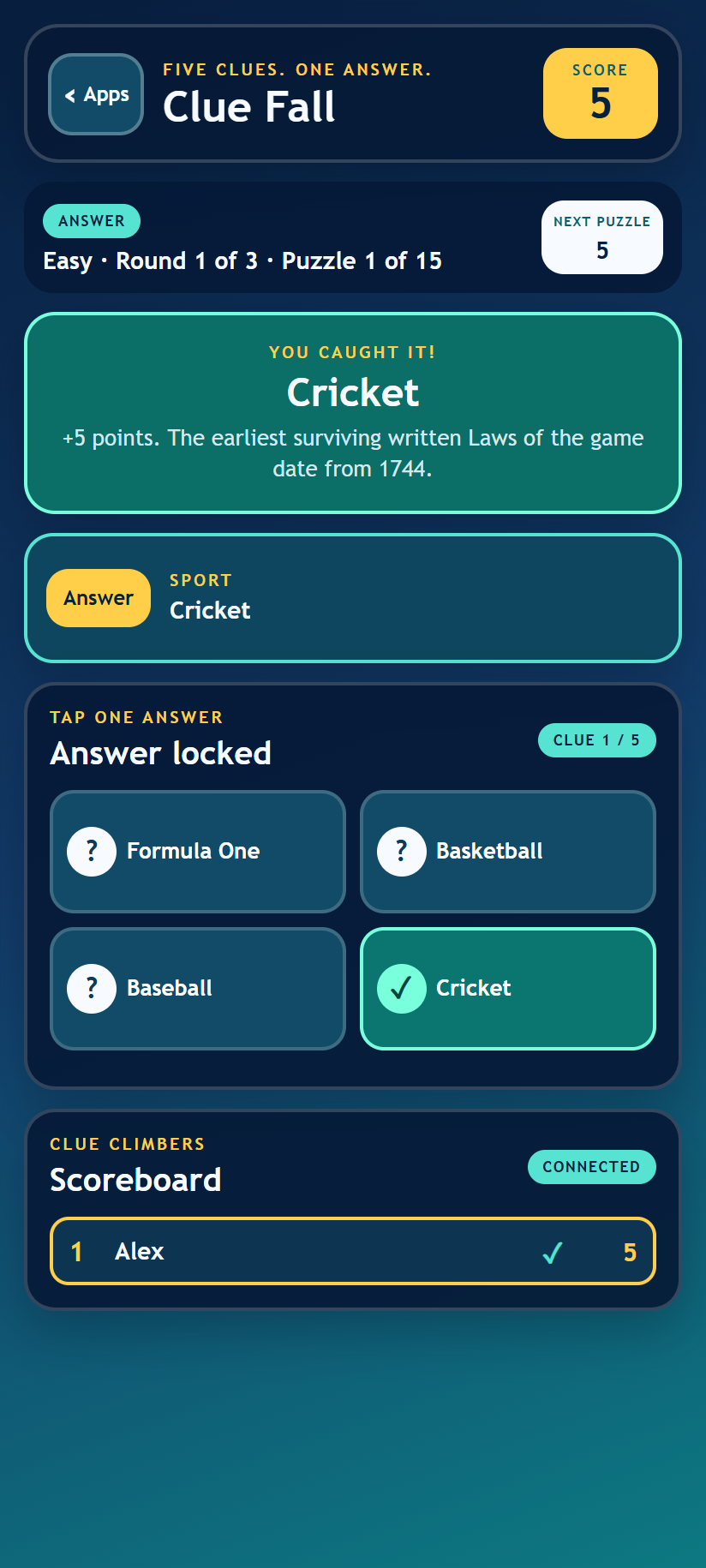 Correct-answer feedback for Cricket