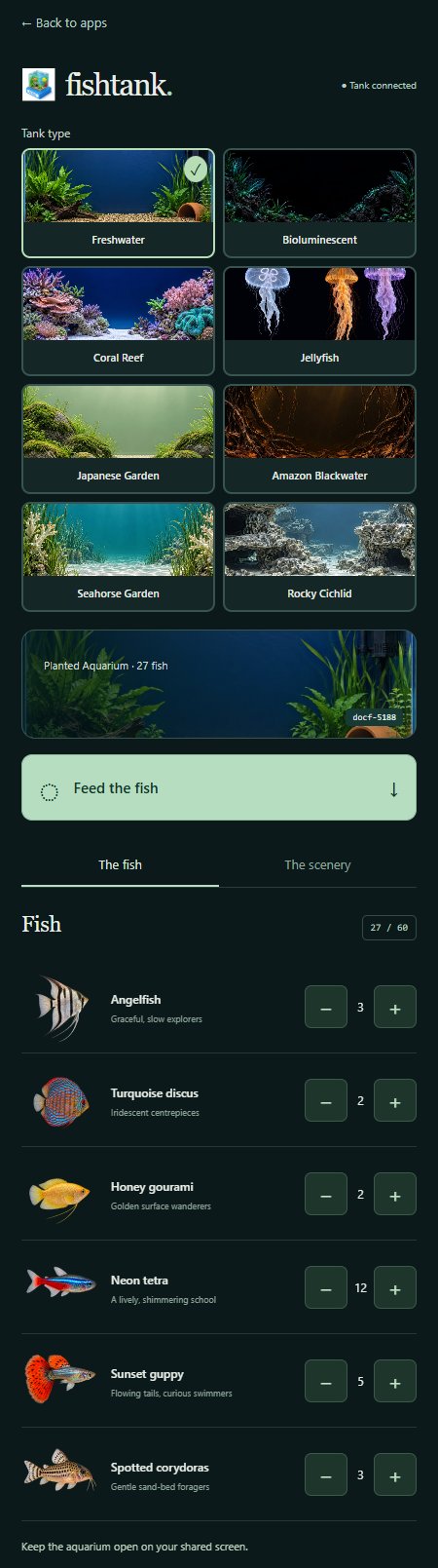 Connected phone controls showing the tank themes, feeding button and fish populations