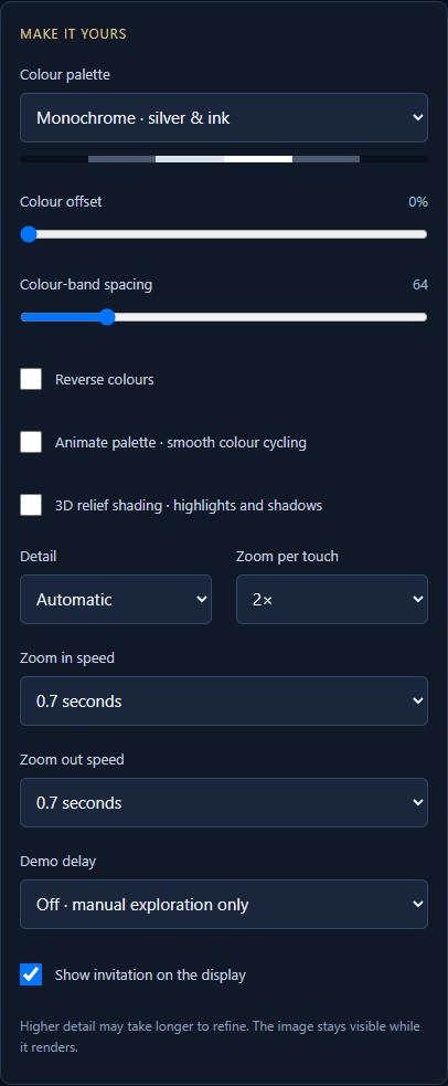 Expanded phone options showing palette, colour, relief, detail, zoom speed and demo settings