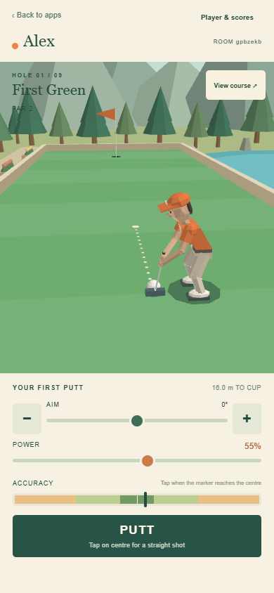 Third-person golfer and phone putting controls