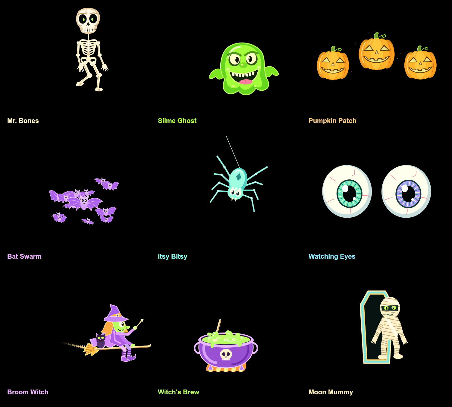 A rendered preview of all nine Halloween scenes