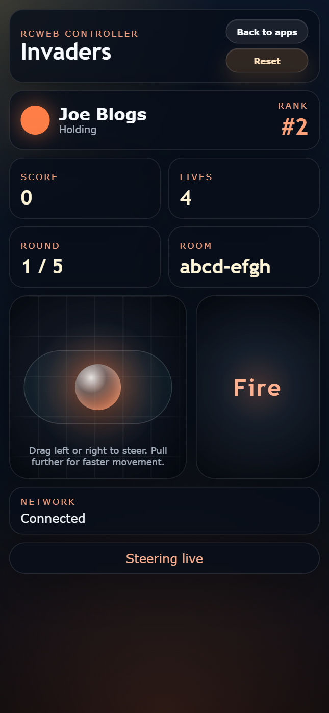 Invaders controls with steering, Fire, score and lives