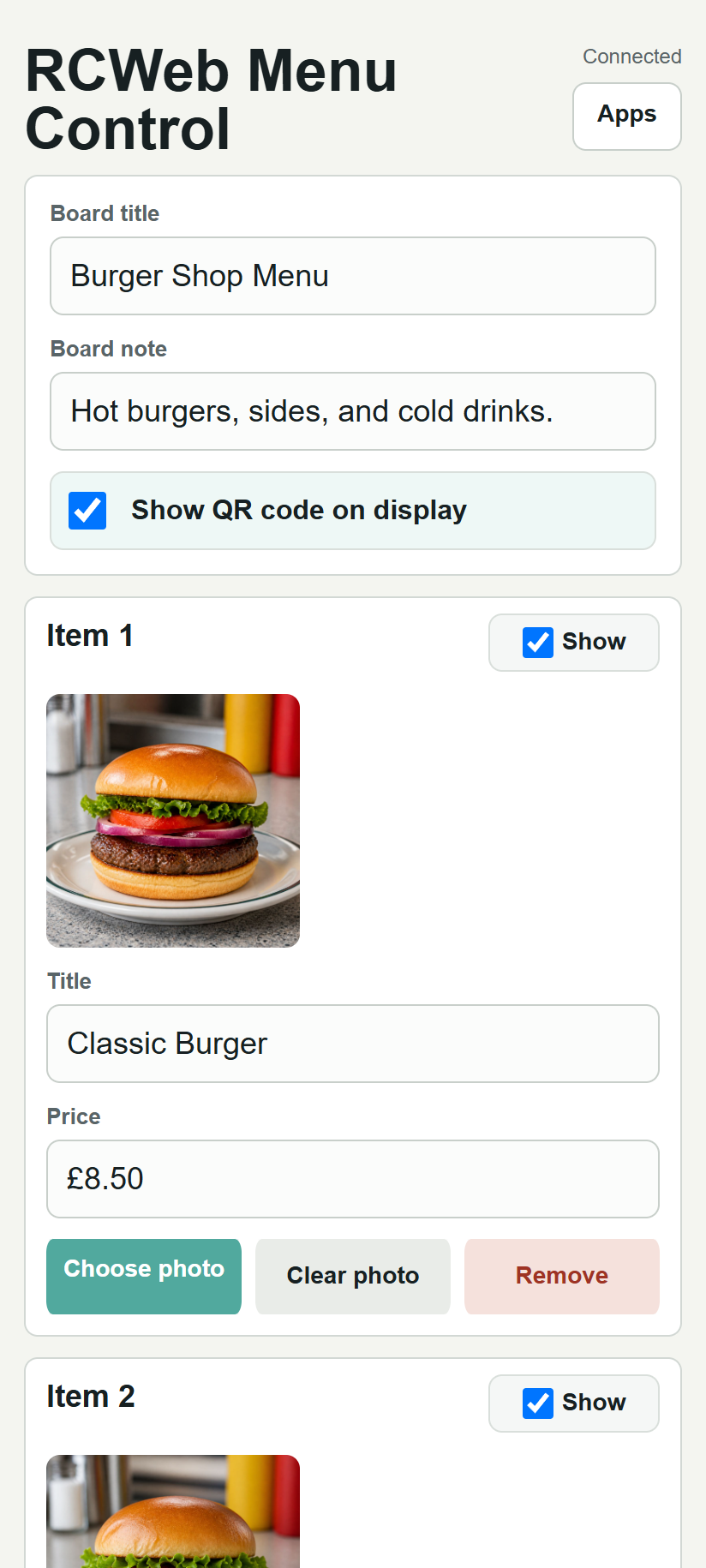 Selecting a burger menu example