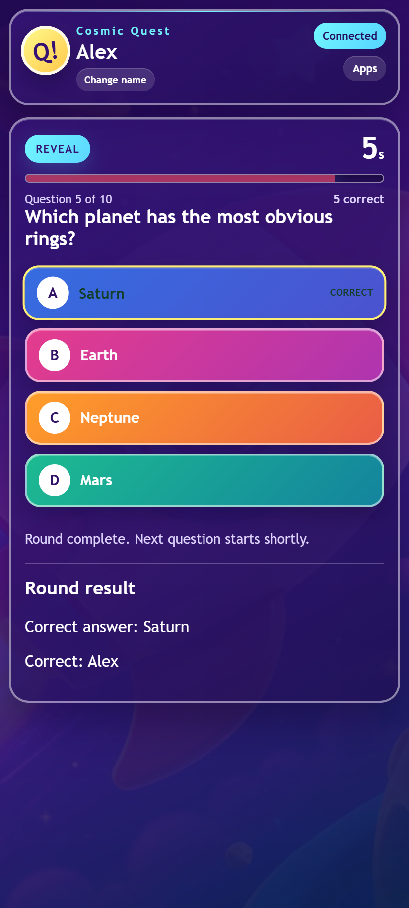 Correct answer feedback on the phone controller