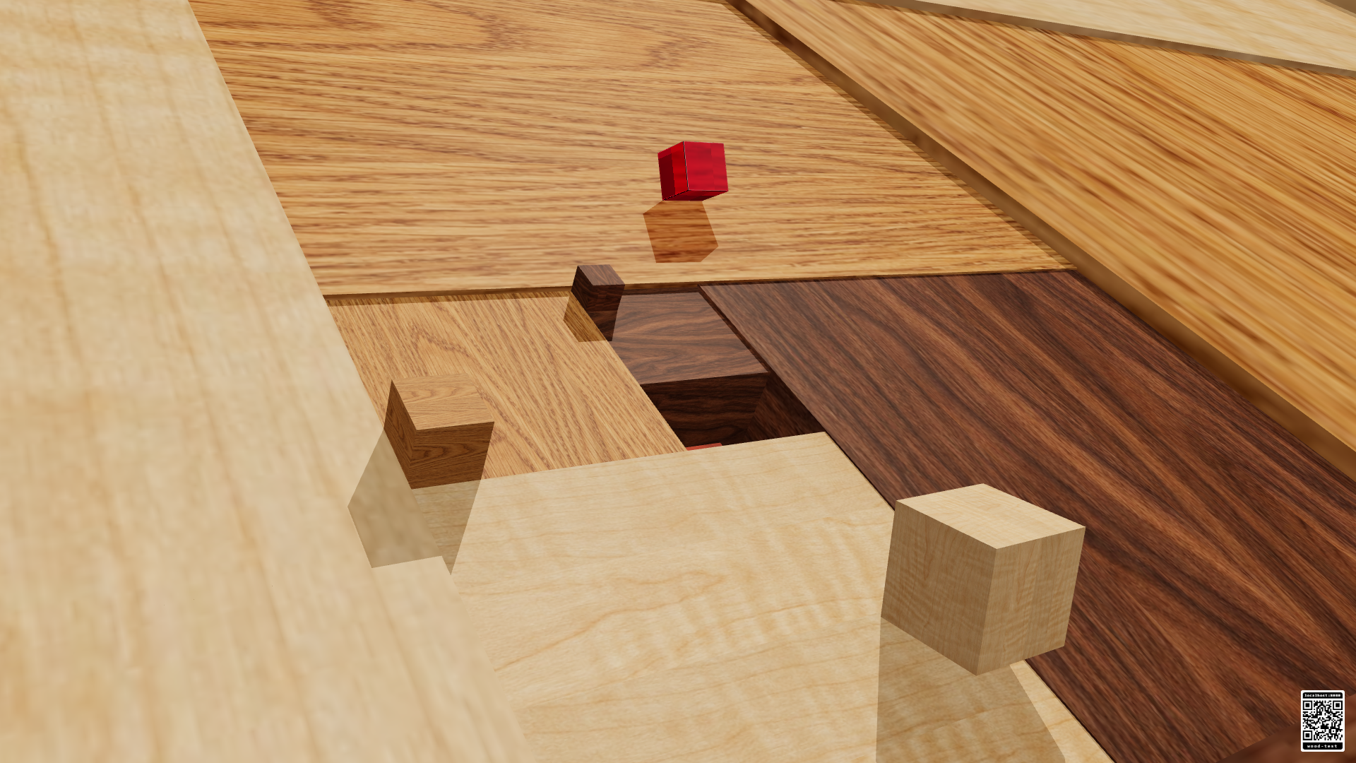 Ruby cube on oak, walnut and maple blocks