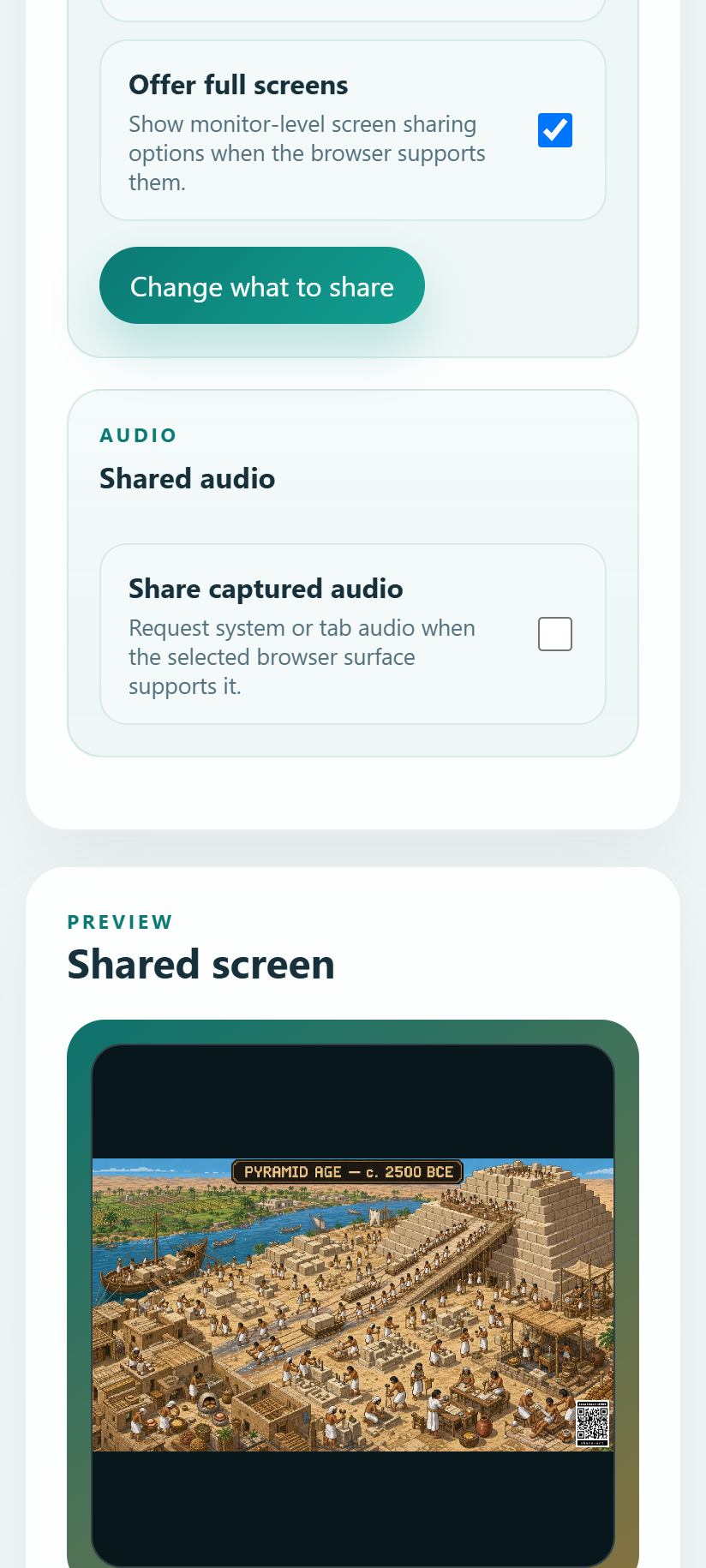 Screen sharing settings and a preview of shared artwork