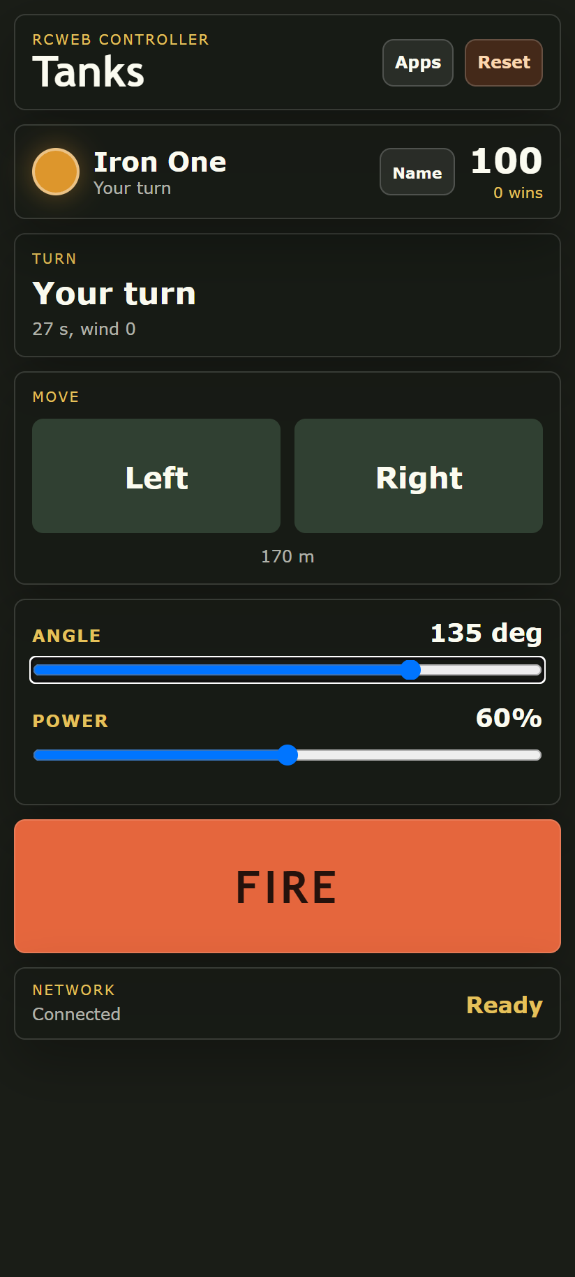 Tanks controls with movement, angle, power and Fire